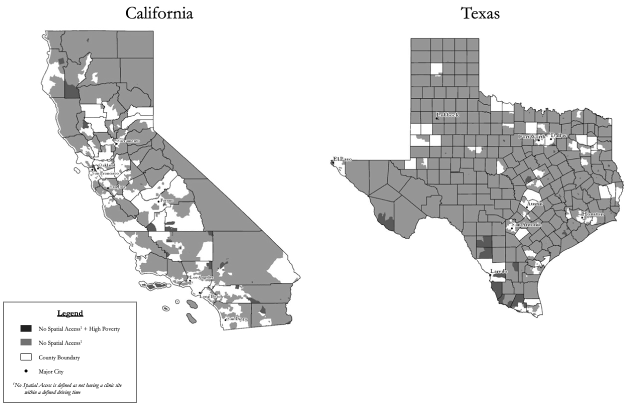 Maps of contraception deserts in California and Texas, 2018