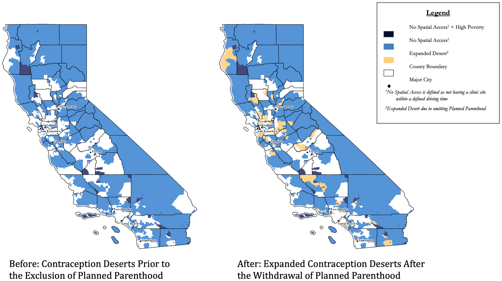 Side-by-side maps of California's contraception deserts before and after Planned Parenthood's withdrawal from Title X, with expanded deserts highlighted